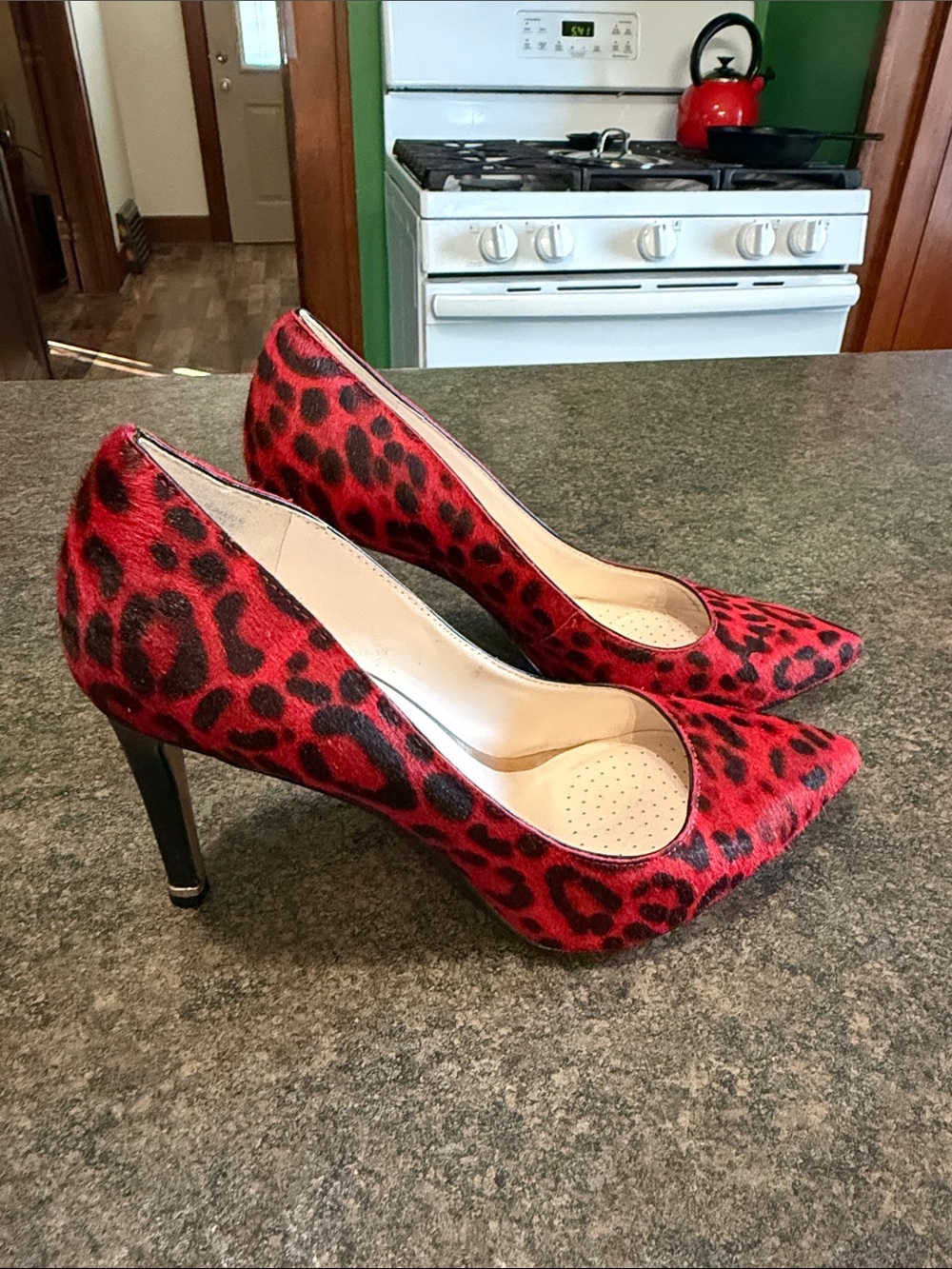 Red Leopard Print Pointed Toe Heels - Women